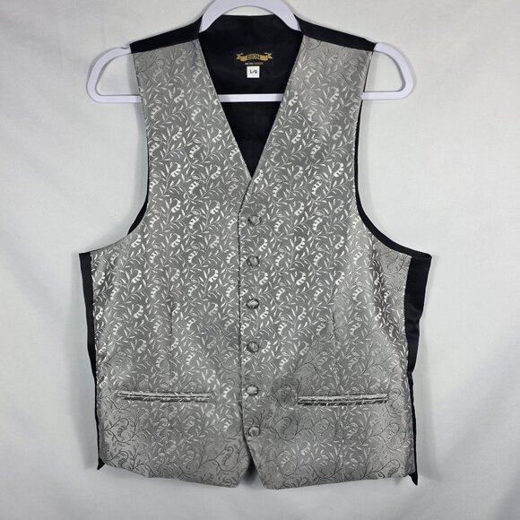 Men's Dion Gray / Silver Silk Vest Waistcoat Size Large Leaf Pattern - Picture 1 of 11